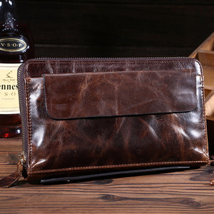 Vintage oil wax leather men's long wallet