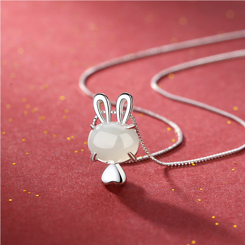 S925 Silver Natural Hetian Jade Cute Rabbit Pendant Necklace