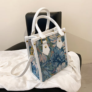 Exquisite Fabric Printed Faux Pearl Handbag