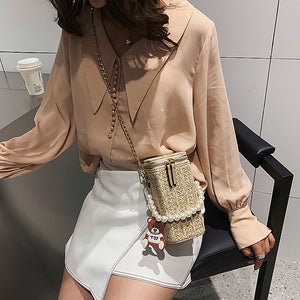 Fashion woven trend artificial pearl handbag